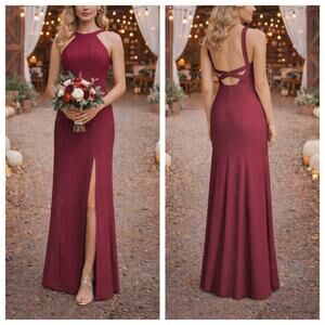 Dessy Collection 3039 Burgundy Crepe Halter Column Gown Slit Sz 14